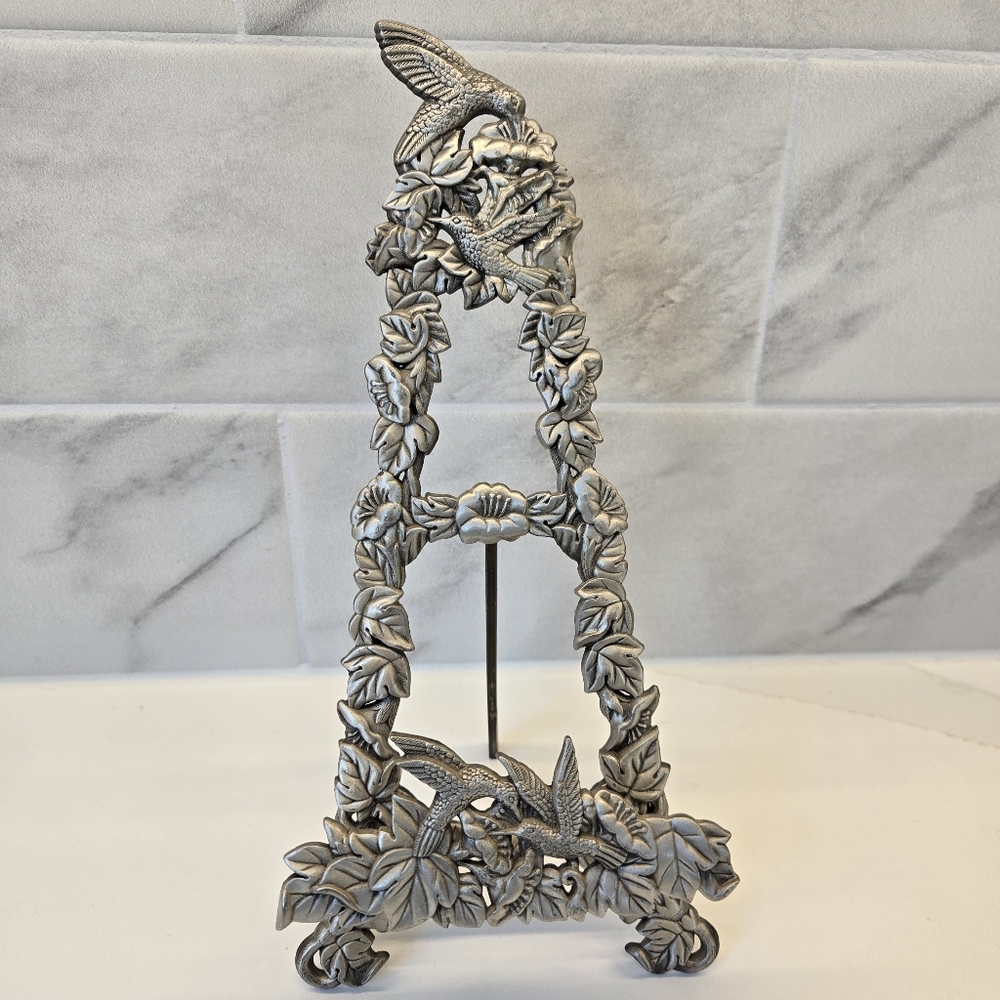 Vintage Ornate Pewter Hummingbird Floral Easel Plate Picture Display Stand 9.5x4